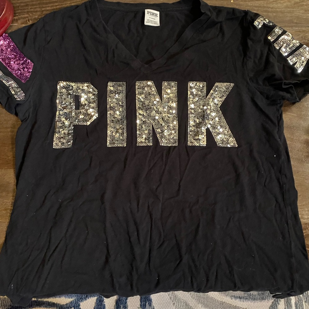 Ultra Pink Black Tee with Silver Sequins